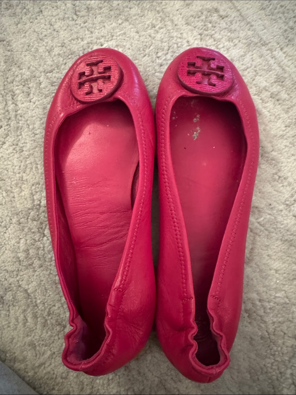 Tory Burch Bright Pink Leather Logo Ballet Flats